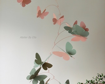 Hanging mobile in pale pink and sage color 3d butterflies