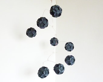 Dark gray mobile, Kinetic home decor, Grey hanging mobile, paper balls