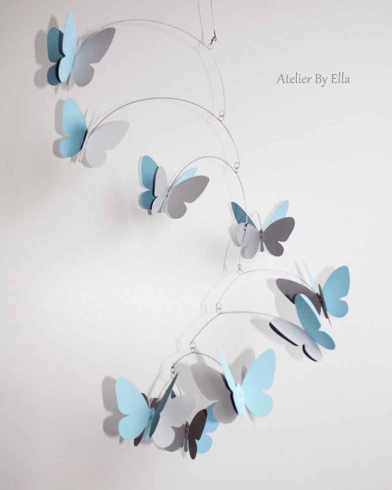 Bright blue and grey mobile, 9 Butterflies , Home decor, Kinetic image 2