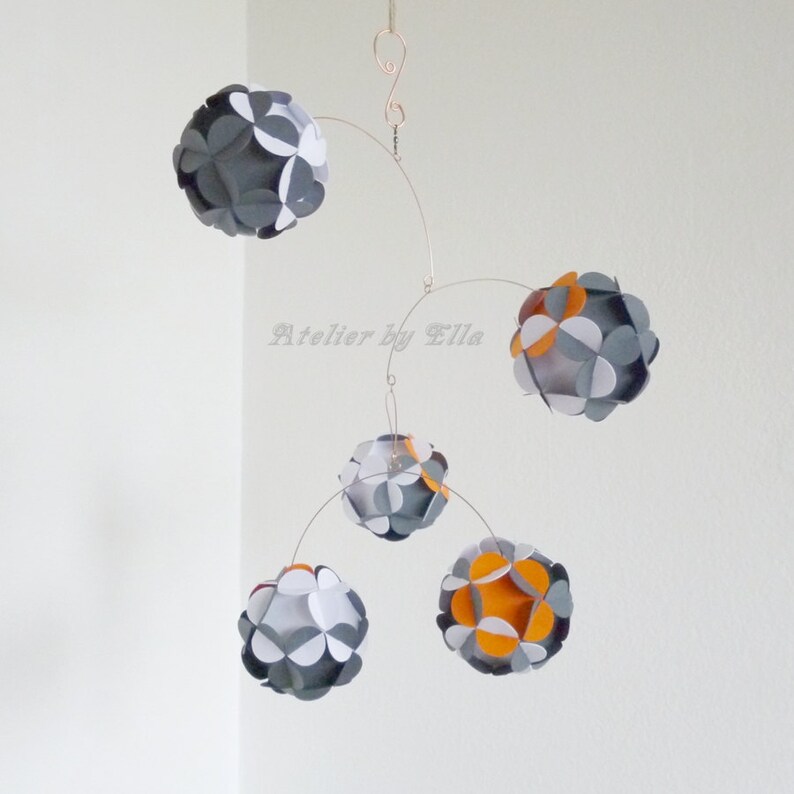 Hanging mobile, White, Dark gray and orange Mobile, Home decoration, Nursery decor image 5