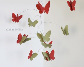 Butterflies mobile, Hanging mobile, Kinetic, Coral red and Moss green