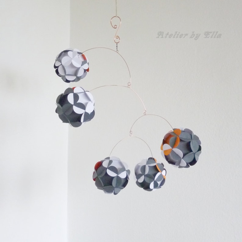 Hanging mobile, White, Dark gray and orange Mobile, Home decoration, Nursery decor image 2