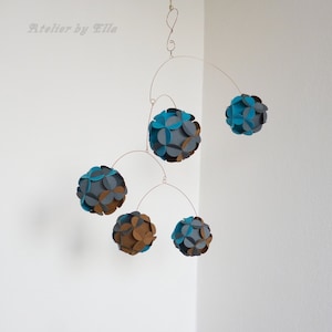 Paper balls Mobile, Kinetic Mobile , Hanging home decor, Brown azure and graphite grey colors image 1