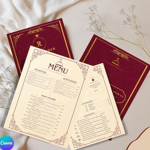 May include: A set of restaurant menu cards featuring a cream-colored background with dark red borders and gold decorative accents. The text includes sections for Starters, Appetizers, Main Course, Beverages, and Desserts with listed food items.
