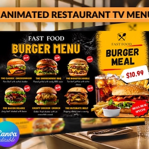 May include: An animated restaurant TV menu template featuring a burger menu with six distinct burger options, prices, and descriptions. The right side displays a burger meal combo with fries, a drink, and a red tag labeled $10.99.