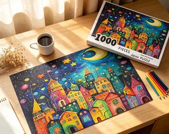 1000Pcs Colorful Night City Wooden Puzzle, Moon Star Fantasy Jigsaw, Luxury Wall Art Decor Gift for Family & Adults