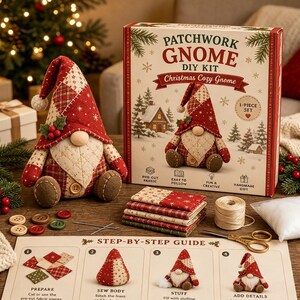 Vintage Patchwork Gnome Sy-DIY Kit, Nybörjare Handsydd Plysch Gnome Heminredning Handgjord Presentpyssel Set