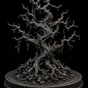 Op de afbeelding: Een donkergrijs 3D-geprint model van een knoestige, bladloze boom met gedraaide takken en blootliggende wortels, op een ronde basis met steentextuur. De tekst RAPTOR PrintLAB PREMIUM 3D PRINTABLE STL FILES is zichtbaar in de linkerbovenhoek.