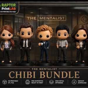 May include: A boxed set of five chibi-style figurines representing characters from The Mentalist. The black packaging features the text Raptor PrintLAB, The Mentalist, and Chibi Bundle, along with icons for 3D printable STL files.