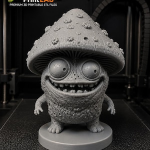 Pode incluir: Uma figura cinzenta impressa em 3D de uma criatura com uma cabeça em forma de chapéu de cogumelo, olhos grandes e um sorriso largo. A figura tem um corpo texturizado e irregular, apoiada numa base circular. O texto RAPTOR PrintLAB é visível.