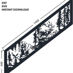 Pode incluir: Um painel retangular preto de metal com um design cortado a laser de um urso, um alce e pinheiros. O painel inclui linhas de cota indicando um comprimento de 1450 e uma altura de 440. Texto: DXF, SVG, INSTANT DOWNLOAD.