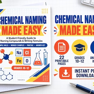 Op de afbeelding: Een wit educatief werkboek getiteld Chemical Naming Made Easy met blauwe en rode tekst, voorzien van chemische structuurillustraties, een kolf, een reageerbuis en iconen die 22 printbare pagina's, klassen 10-12 en een antwoordsleutel aangeven.