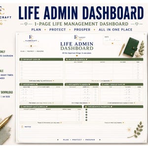 May include: A one-page Life Admin Dashboard printable planner sheet with a white background and dark green headers. Sections include Important Tasks, Bills & Payments, Appointments, Documents to Renew, Home/Vehicle Tasks, Calls & Emails, and Priorities.