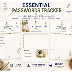 May include: A digital password tracker template set featuring three printable pages titled Password Overview, Password Log, and Password Change Log. The design includes dark blue text, icons, and botanical accents on a light background.