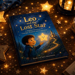 Peut inclure: Un livre relié intitulé Leo and the Lost Star: A Magical Adventure of Courage, Kindness and Imagination, Book 1 of Leo's Adventures. La couverture représente un jeune enfant aux cheveux bouclés tendant la main vers une étoile jaune souriante.