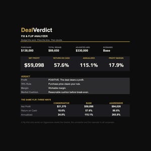 May include: A digital DealVerdict Fix & Flip Analyzer dashboard on a black background. It displays financial metrics including a $138,000 purchase price, $89,650 rehab cost, $330,000 ARV, and a $59,098 net profit, alongside a verdict table and scenario comparison.