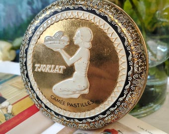 Vintage Tjoklat Camée Pastilles-tenn, holländsk chokladask från mitten av århundradet, mässings- eller kopparfärgad