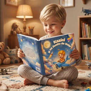 Op de afbeelding: Een hardcover kinderboek getiteld Kaziel y su Sueño de Volar, met een illustratie van een jonge jongen die in een blauw vliegtuig vliegt tegen een sterrenhemel met een volle maan, raketten en wolken, vastgehouden door een kind in een gestreepte pyjama.