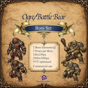 May include: A digital asset pack titled Ogre/Battle Bear Boss Set featuring two illustrated characters: a brown bear and a green ogre. The set includes 2 boss elements, 5 poses per boss, 256x256px and 2500x2500px resolutions, VTT optimized, and commercial use.
