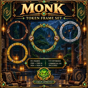 10 Monk Token Frames, VTT Assets, Fantasy Pixel Art Token Rings, Transparent PNG