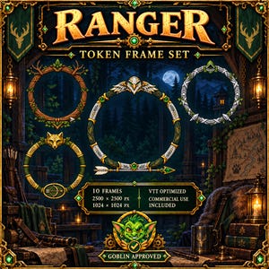 10 Ranger Token Frames, VTT Token Rings, Fantasy RPG Pixel Art PNG, Transparent