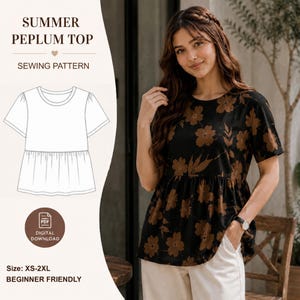 May include: A digital sewing pattern for a summer peplum top with a round neckline and short sleeves. The graphic shows a black top with a brown floral print, a white line drawing of the garment, and text reading Summer Peplum Top Sewing Pattern.