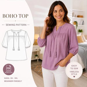 Boho Top Sewing Pattern PDF, Peasant Blouse Pattern, Women's Tunic Pattern, Puff Sleeve Top, Instant Download XS-3XL