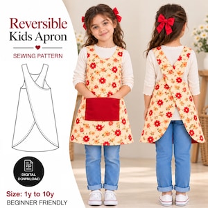 May include: A sewing pattern for a reversible kids apron featuring a cream fabric with a red and orange floral print, a solid red front pocket, and a cross-back design. The text reads Reversible Kids Apron, Sewing Pattern, Digital Download, Size: 1y to 10y, Beginner Friendly.