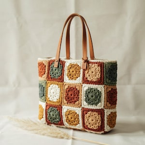 Handmade Crochet Granny Square Tote Bag | Boho Patchwork Leather Handle Purse