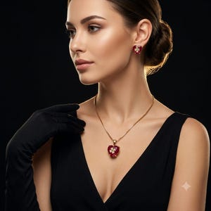 May include: A gold chain necklace featuring a heart-shaped red pendant with a small four-leaf clover accent in the center, paired with matching heart-shaped red stud earrings that also feature a small four-leaf clover design in the center.