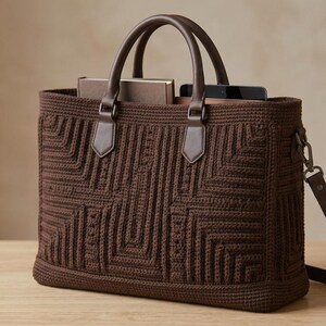 May include: A dark brown rectangular tote bag featuring a textured crochet exterior with geometric patterns. The bag includes two sturdy top handles and a detachable shoulder strap, with a notebook and tablet visible inside the open main compartment.