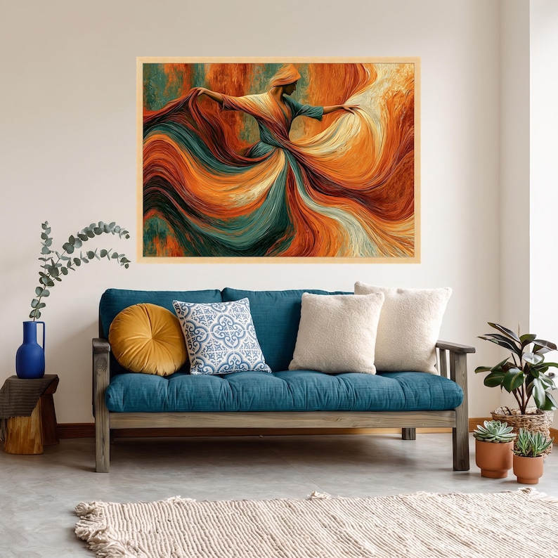 Flowing Fabric Dance, Elegant Woman Canvas, Vibrant Orange Teal Wall Art, Modern Abstract Canvas, Motion and Grace Home Decor image 2