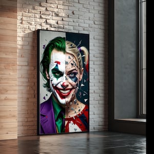 May include: A rectangular framed wall art print featuring a split-face portrait. The left side depicts a character with green hair, white face paint, and a purple suit. The right side shows a character with blonde pigtails and red and blue clothing.