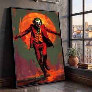 Vibrant Clown Man Red Suit, Dramatic Moon Canvas, Dark Abstract Wall Art, Bold Character Canvas Decor, Modern Expression Artwork