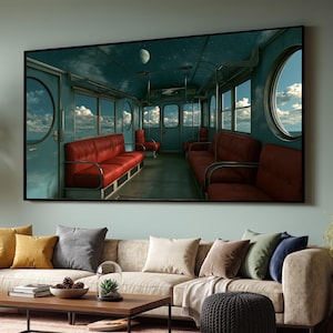 May include: A rectangular wall art print depicting the interior of a train carriage with red bench seating, circular windows, and a ceiling showing a night sky with a moon, all framed in black and mounted on a light green wall above a sofa.