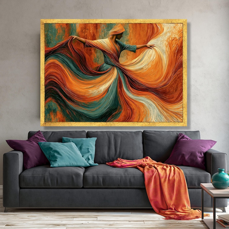 Flowing Fabric Dance, Elegant Woman Canvas, Vibrant Orange Teal Wall Art, Modern Abstract Canvas, Motion and Grace Home Decor image 4