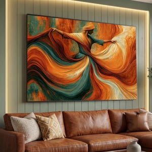 Flowing Fabric Dance, Elegant Woman Canvas, Vibrant Orange Teal Wall Art, Modern Abstract Canvas, Motion and Grace Home Decor image 1