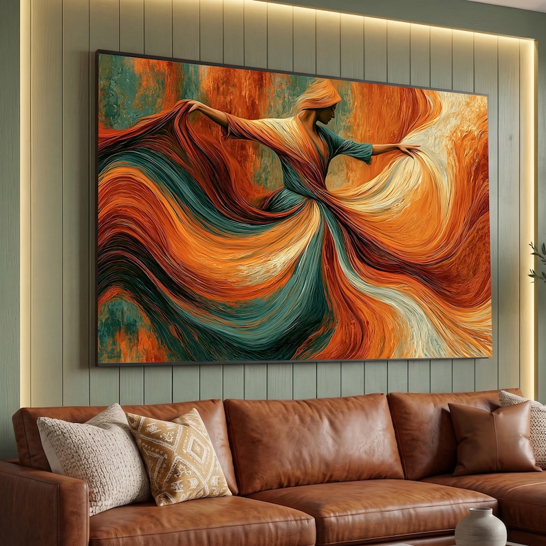 Flowing Fabric Dance, Elegant Woman Canvas, Vibrant Orange Teal Wall Art, Modern Abstract Canvas, Motion and Grace Home Decor image 1