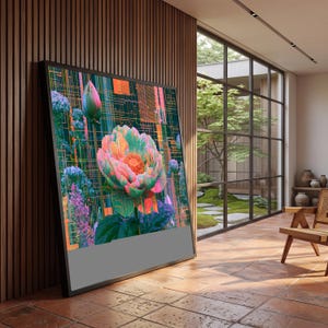 Op de afbeelding: Een groot rechthoekig ingelijst kunstwerk aan de muur met een digitale illustratie van een bloeiende bloem met gelaagde roze en groene bloemblaadjes, tegen een donkere achtergrond met verticale oranje lijnen en een effen grijze rechthoekige basis.