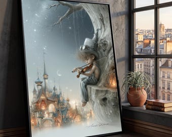 Whimsical Child Violinist Canvas, Fantasy Tree House Wall Art, Dreamy Night Sky, Magical Castle Canvas, Enchanted Home Decor