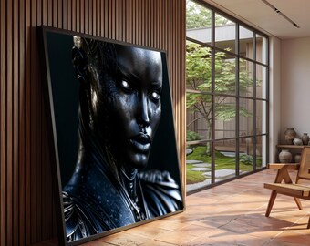Futuristic Cybernetic Woman Canvas, Dark Metallic Face Art, Sci-Fi Portrait Wall Decor, Modern Abstract Canvas, Home Art Display