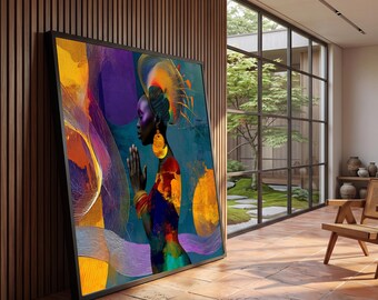 Vibrant African Woman Profile Canvas, Colorful Abstract Wall Art, Ethnic Home Decor, Modern Canvas Artwork, Ready to Hang