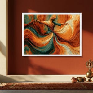 Flowing Fabric Dance, Elegant Woman Canvas, Vibrant Orange Teal Wall Art, Modern Abstract Canvas, Motion and Grace Home Decor image 3