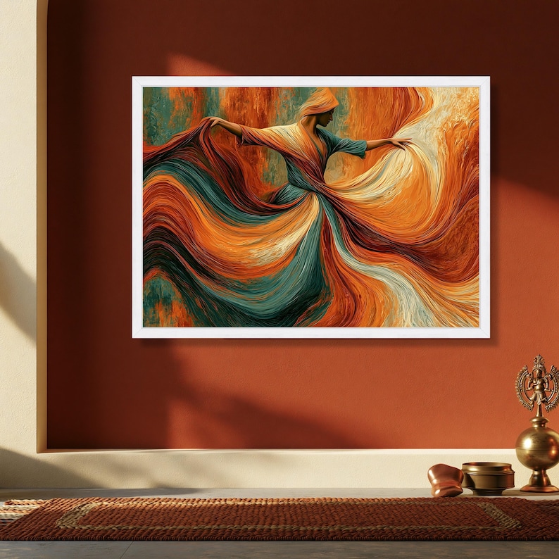 Flowing Fabric Dance, Elegant Woman Canvas, Vibrant Orange Teal Wall Art, Modern Abstract Canvas, Motion and Grace Home Decor image 3