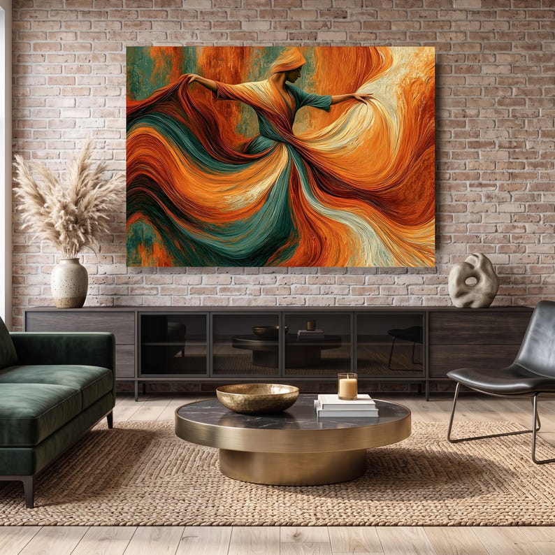 Flowing Fabric Dance, Elegant Woman Canvas, Vibrant Orange Teal Wall Art, Modern Abstract Canvas, Motion and Grace Home Decor image 8