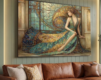 Elegant Woman with Stained Glass Dress Canvas, Art Nouveau Style Canvas Wall Art, Decorative Home Wall Art, Modern Classic Canvas