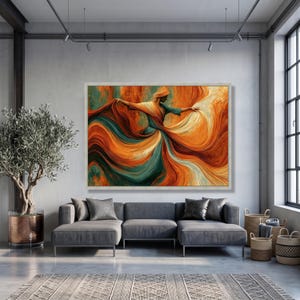 Flowing Fabric Dance, Elegant Woman Canvas, Vibrant Orange Teal Wall Art, Modern Abstract Canvas, Motion and Grace Home Decor image 6