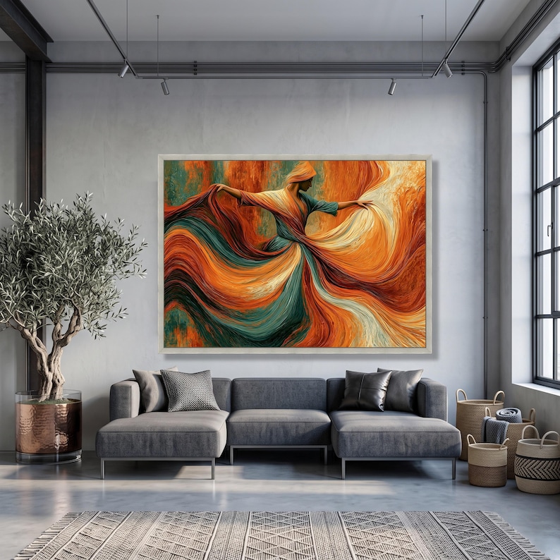 Flowing Fabric Dance, Elegant Woman Canvas, Vibrant Orange Teal Wall Art, Modern Abstract Canvas, Motion and Grace Home Decor image 6