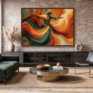 Flowing Fabric Dance, Elegant Woman Canvas, Vibrant Orange Teal Wall Art, Modern Abstract Canvas, Motion and Grace Home Decor image 7