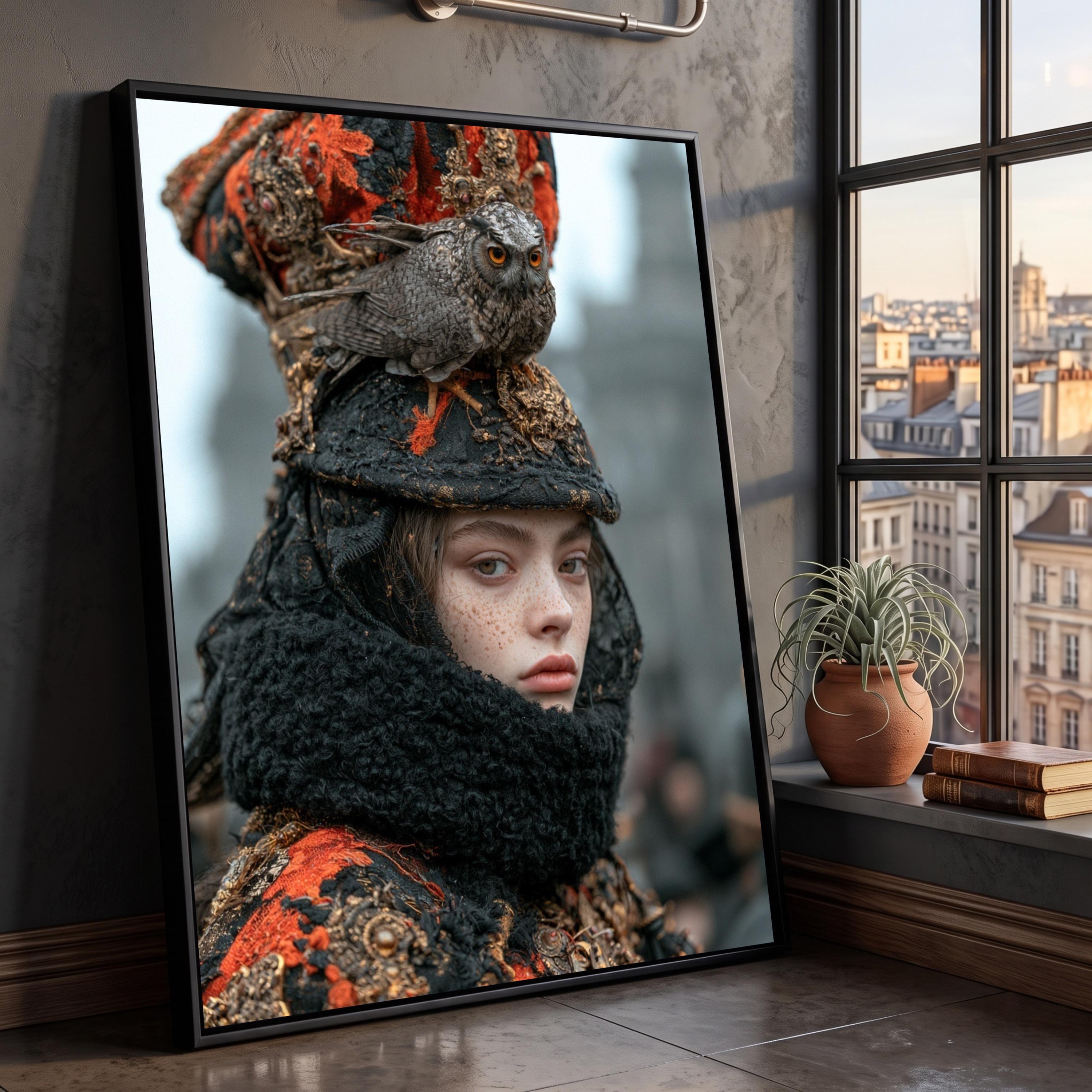 Mysterious Woman with Owl Hat, Detailed Costume Canvas, Unique Portrait Wall Art, Fantasy Character